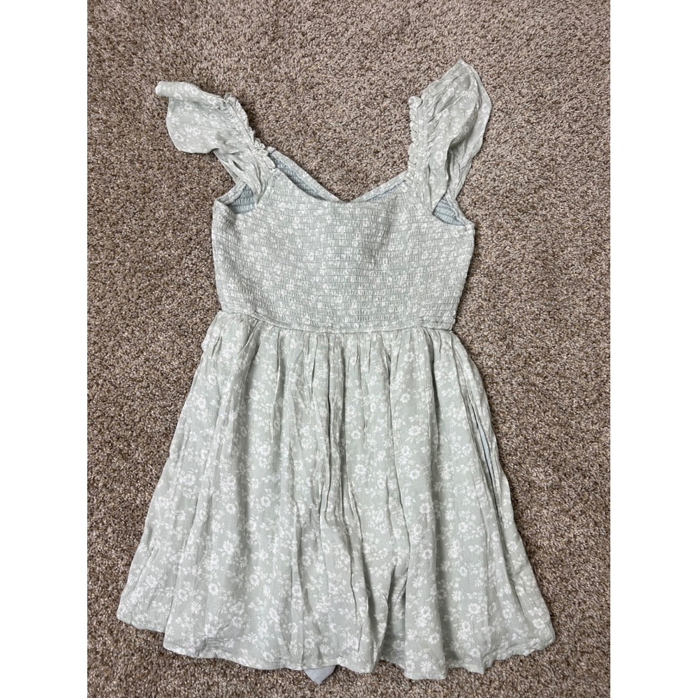 Hollister Smocked Floral Mini Dress Sage Green Ruffle Sleeve V-Neck Medium NEW - Picture 7 of 11